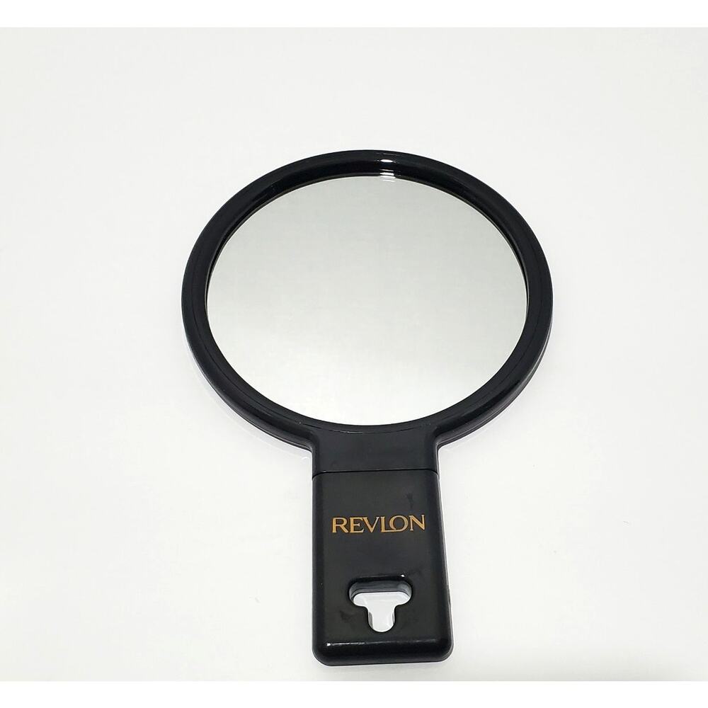 Vtg Revlon Black Bendable Handle Handheld / Hangable Mirror 5" Round x 7" Tall
